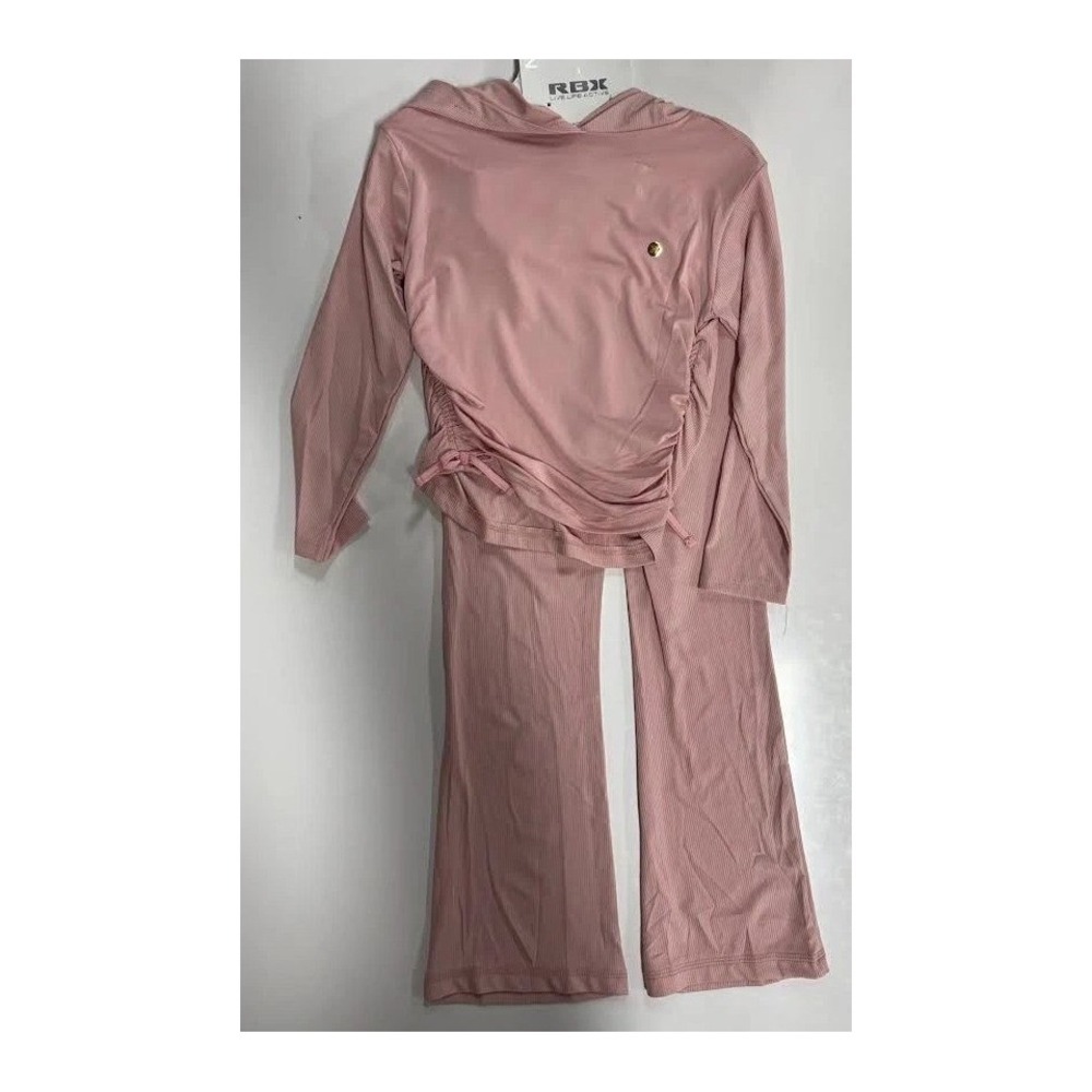 RBX Active Girls Mauve Pink Ribbed Hooded Top and Flared Leggings Set Small (4)